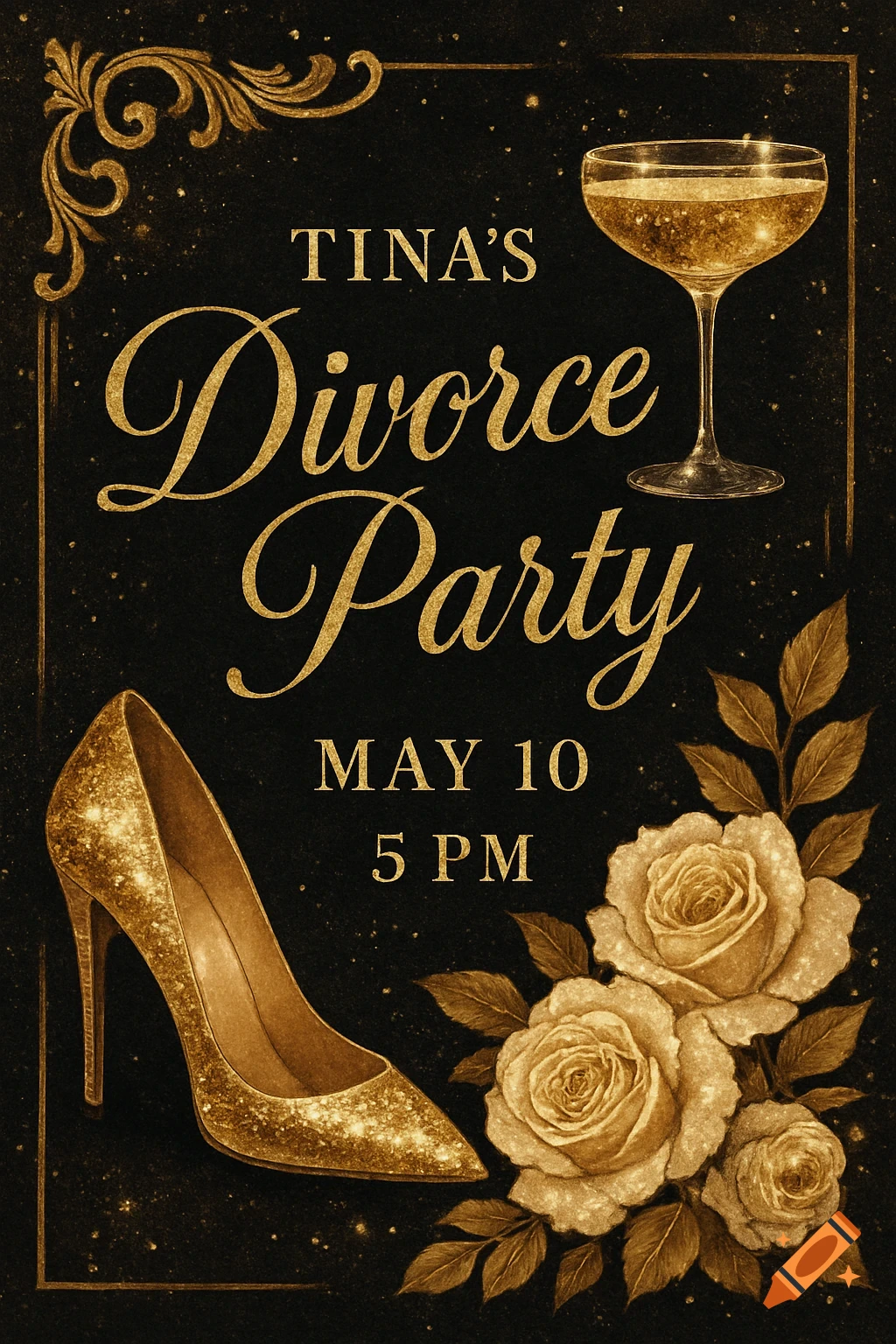 Gold invitation with 'Tina's Divorce Party' text, high heel, champagne, and roses on black.