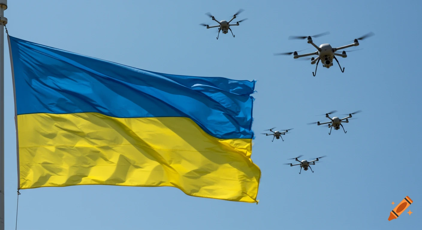 Ukrainian flag blowing in the wind with several drones in the sky.