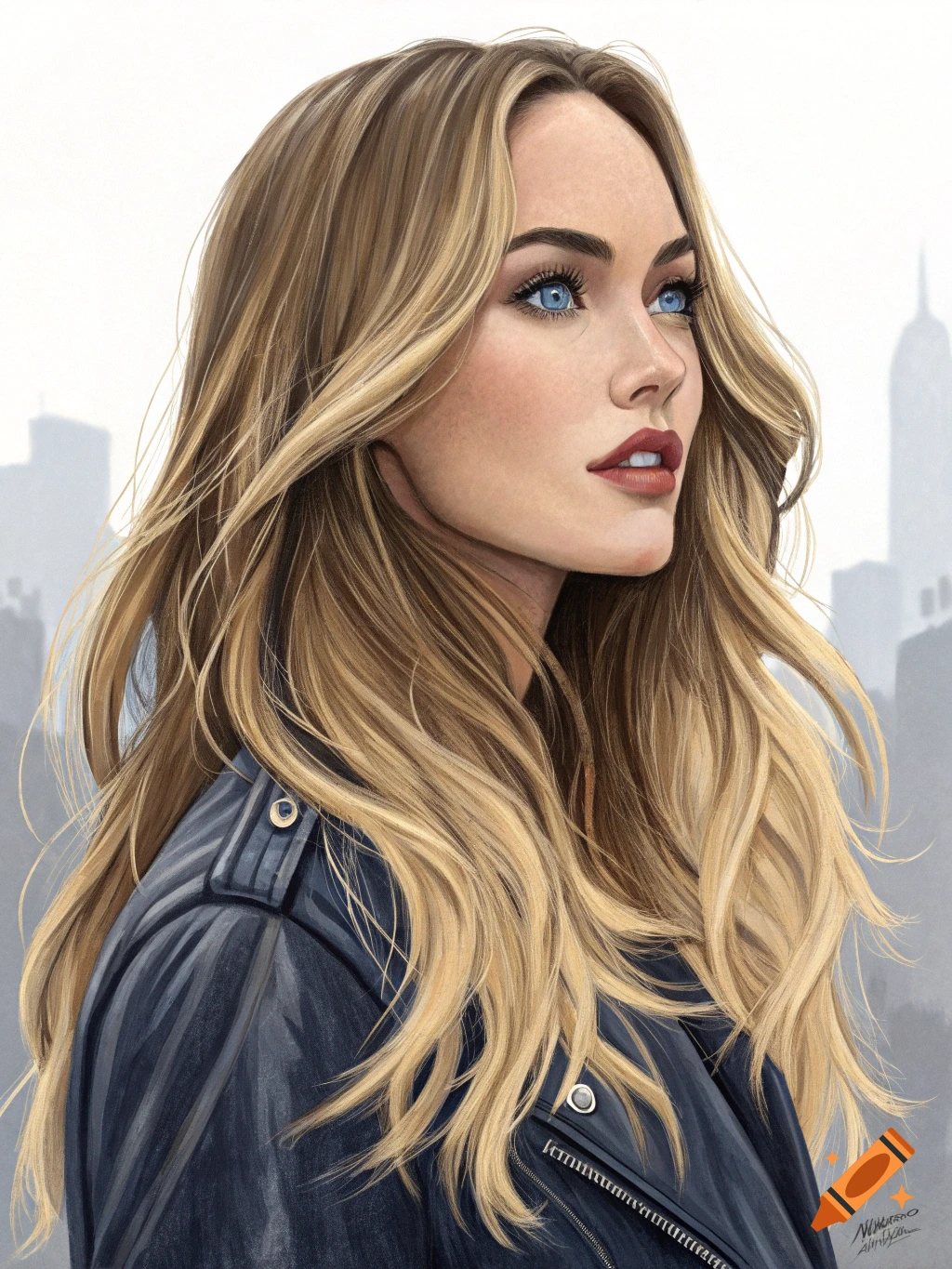 A detailed portrait of a woman with long blonde hair and blue eyes, wearing a leather jacket, looking up against a blurred city skyline.