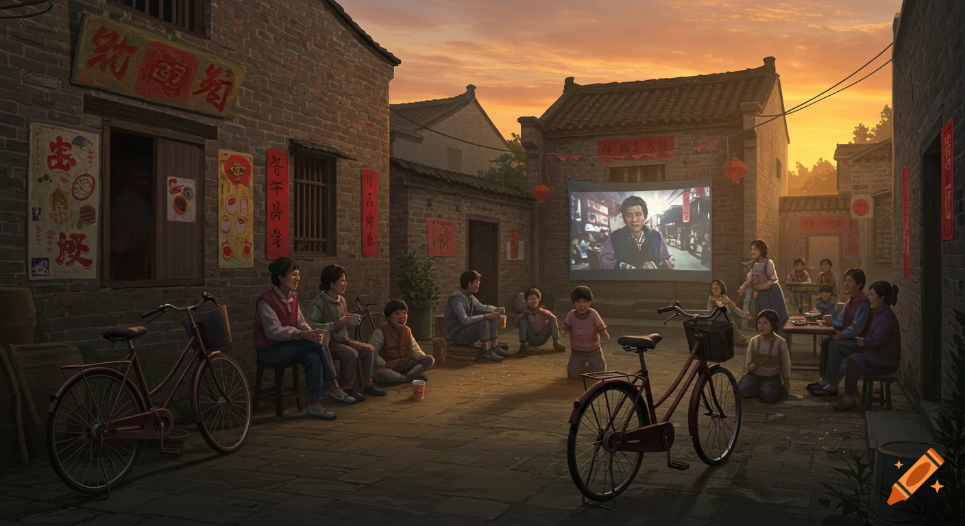 People watch an outdoor movie in a Chinese village at sunset.