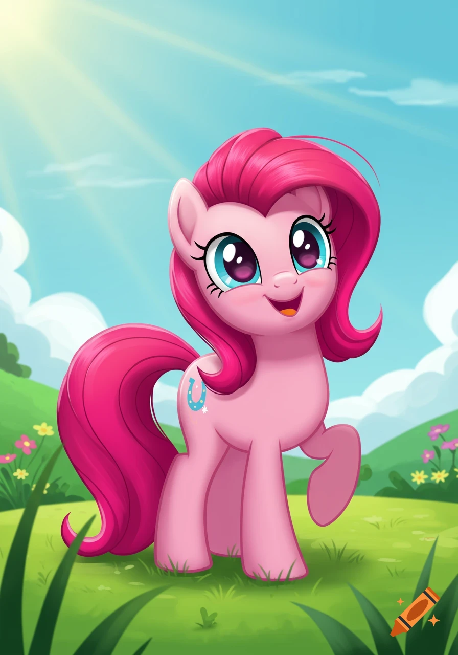 A pink cartoon pony stands in a sunny field.