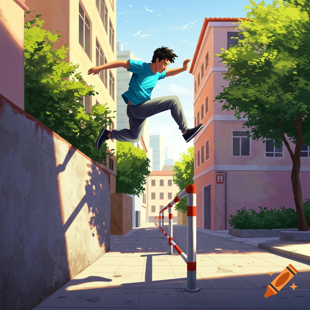 Young man doing parkour, jumping over a barrier in a sunny city street. Illustration style.