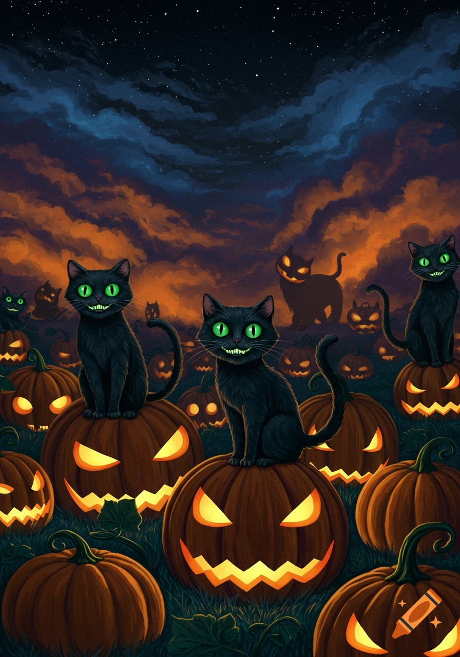 A spooky illustration of black cats with glowing green eyes sitting on carved jack-o'-lanterns in a pumpkin patch at night.