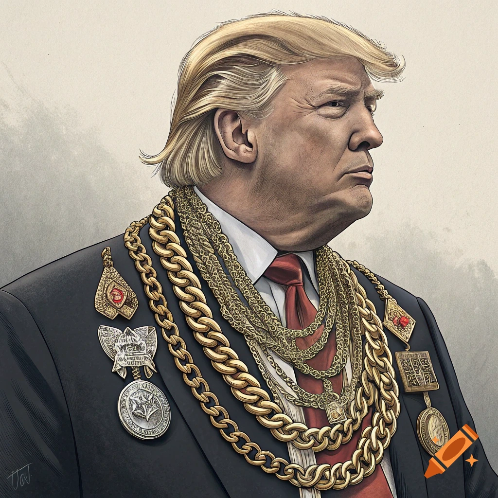 Illustrated portrait of Donald Trump wearing many large gold chains and medals.