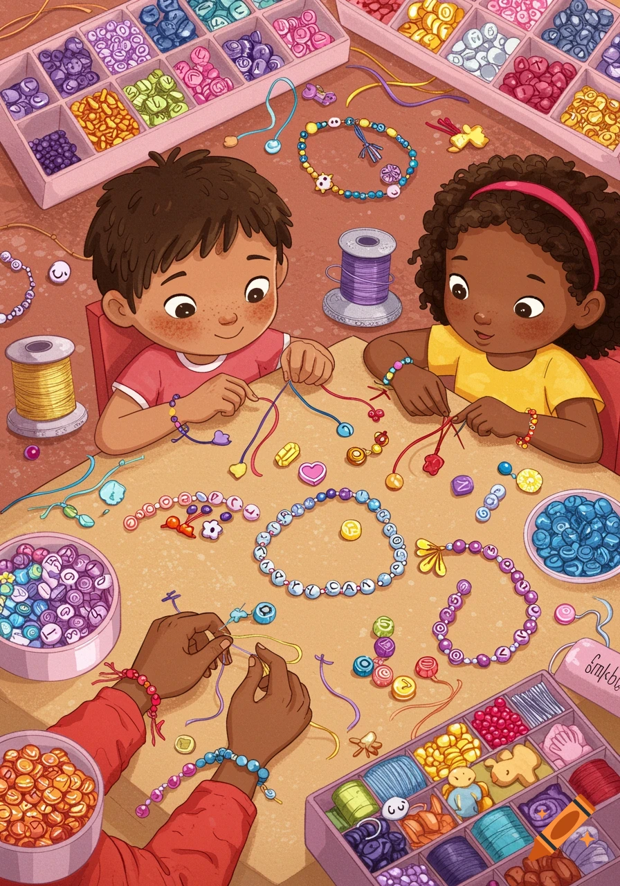 Illustration of kids making bead bracelets at a table filled with crafting supplies.