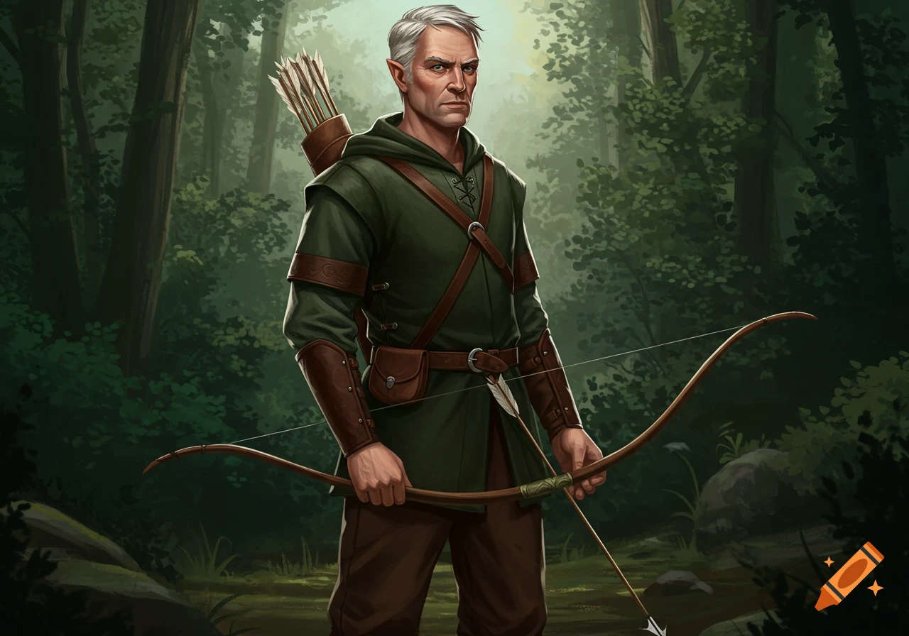 Digital painting of an older elf archer holding a bow in a forest.