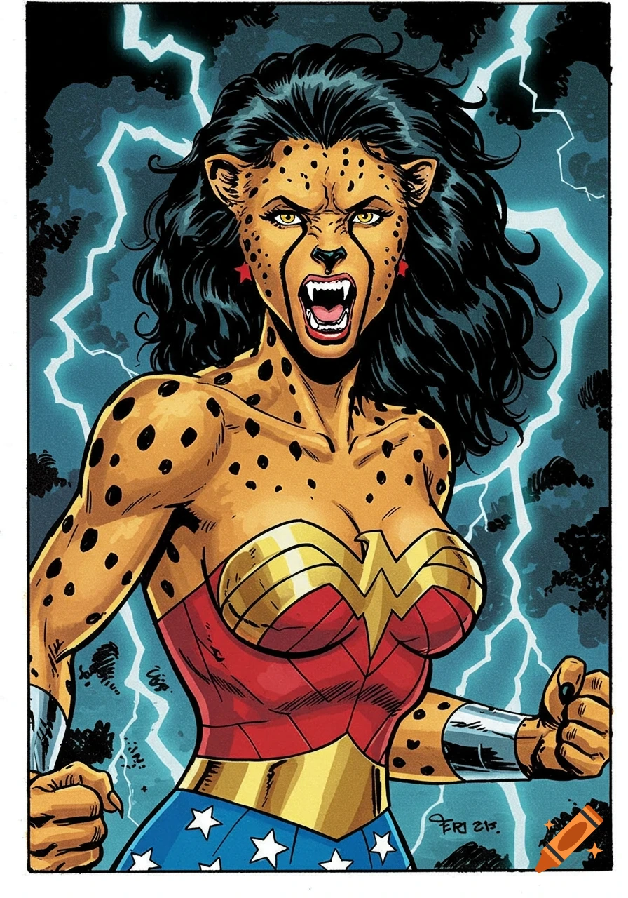 A comic art drawing of the DC villain The Cheetah wearing a Wonder Woman costume, roaring with lightning behind her.