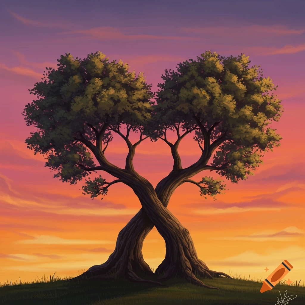Two trees shaped like a heart on a grassy hill against an orange and purple sunset sky, painted style.