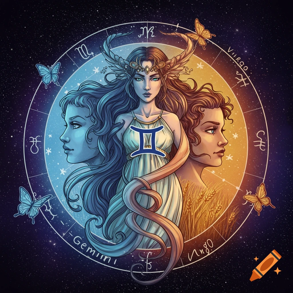 Fantasy illustration combining Gemini and Virgo zodiac signs with a star wheel.