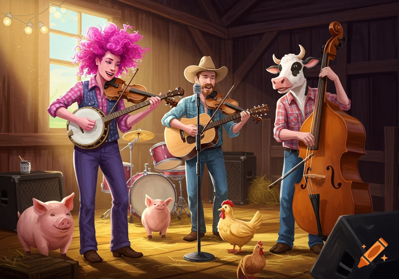 A cartoon band plays country music in a barn with a woman, cowboy, cow, pigs, and chickens.