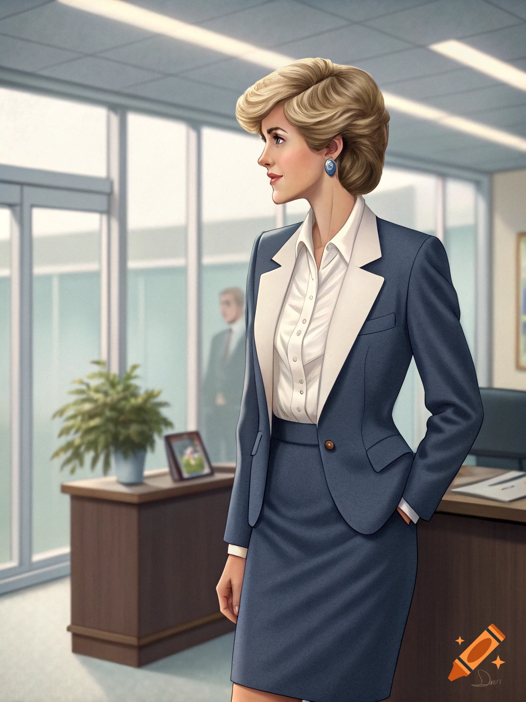 A woman resembling Princess Diana in a blue business suit stands in an office.
