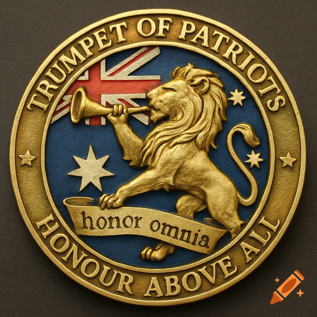 A golden circular badge depicting a lion blowing a horn against an Australian flag, with text around the border and on a banner.