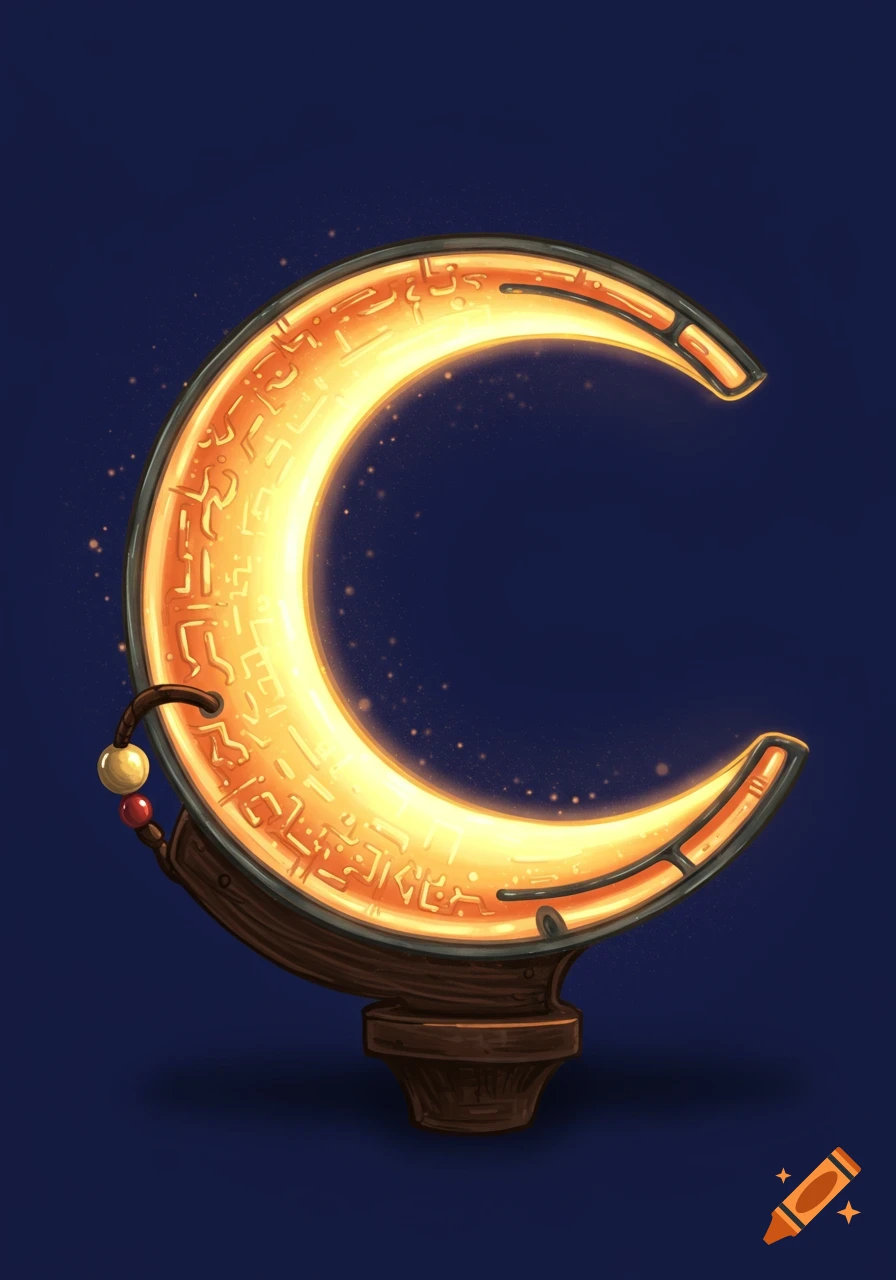 A glowing crescent shaped artifact with symbols on a wooden stand against a dark blue background, fantasy art style.
