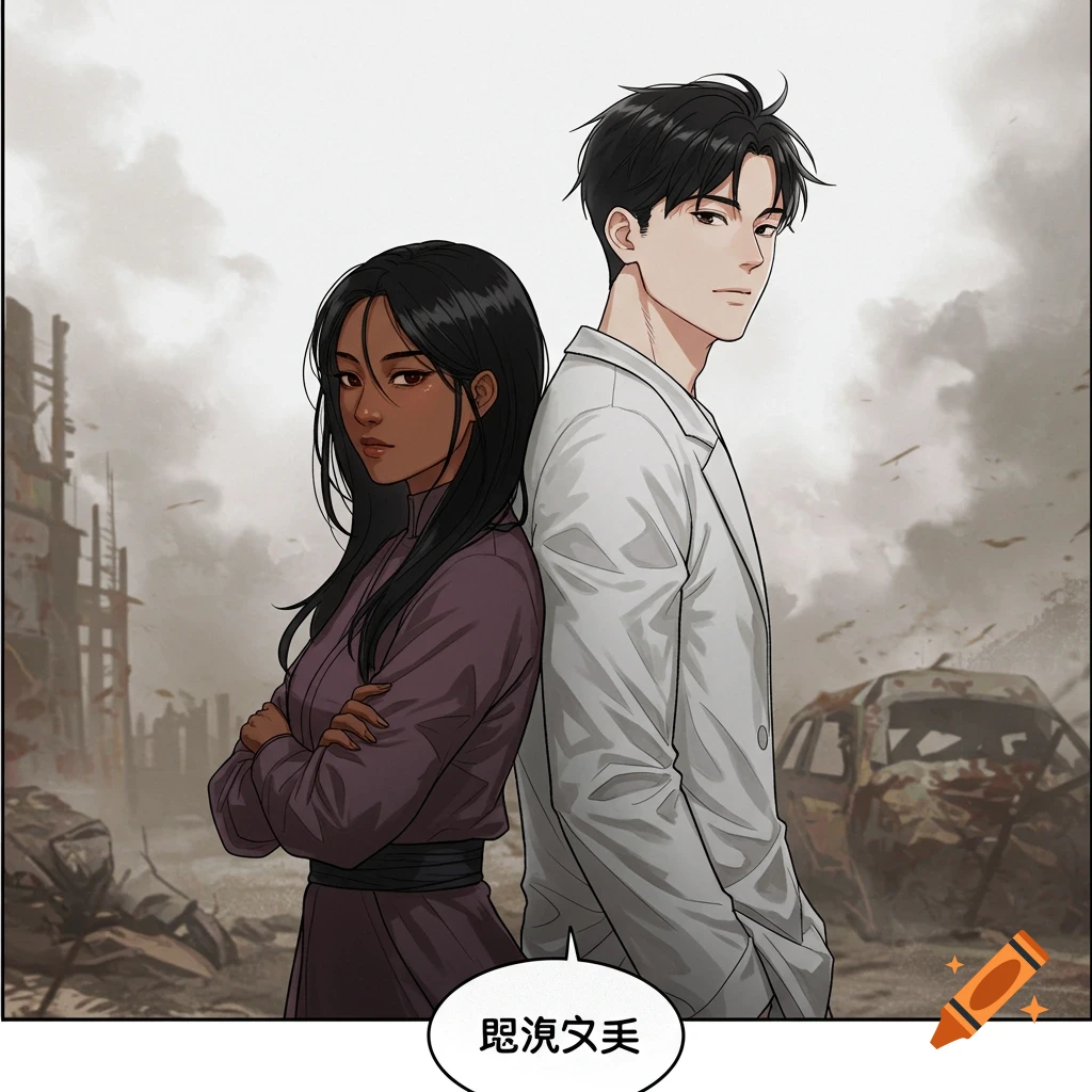 Woman and man stand back to back in a ruined city, manhwa style illustration.
