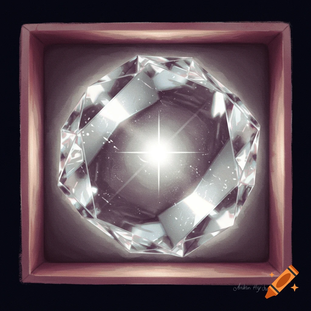 A faceted clear diamond or crystal is shown in a square box, sparkling brightly at the center.