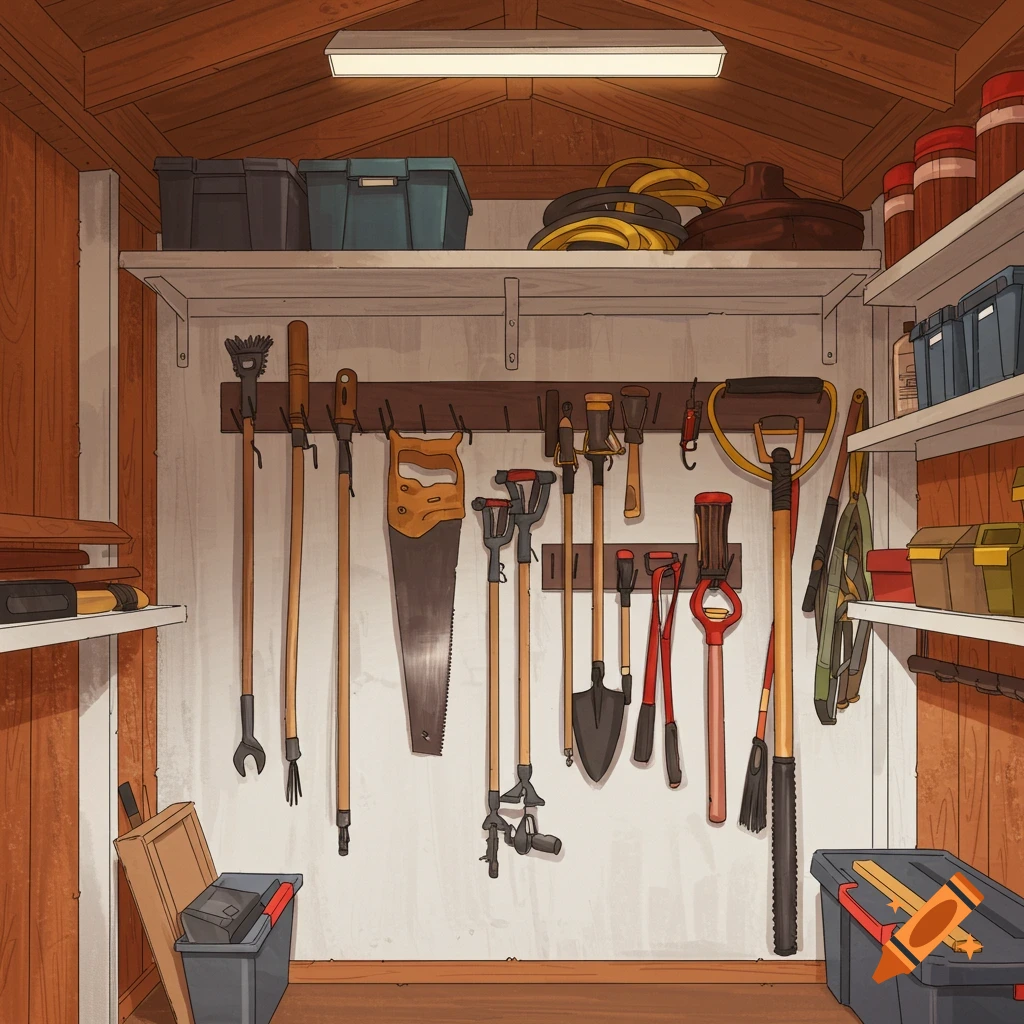Illustration of the interior of a shed filled with gardening and household tools hung on the wall and stored on shelves.