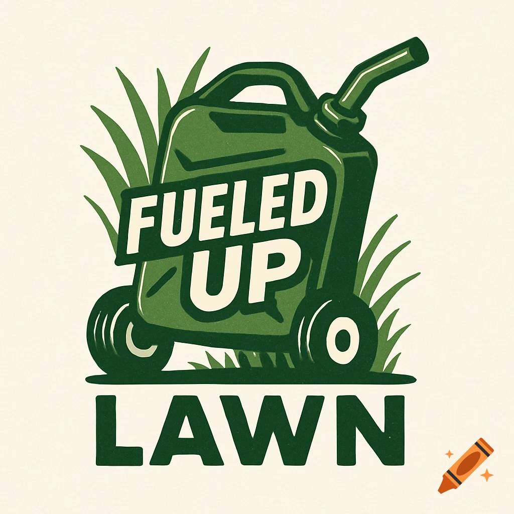 Illustration logo for Fueled Up Lawn featuring a green gas can on wheels with grass.