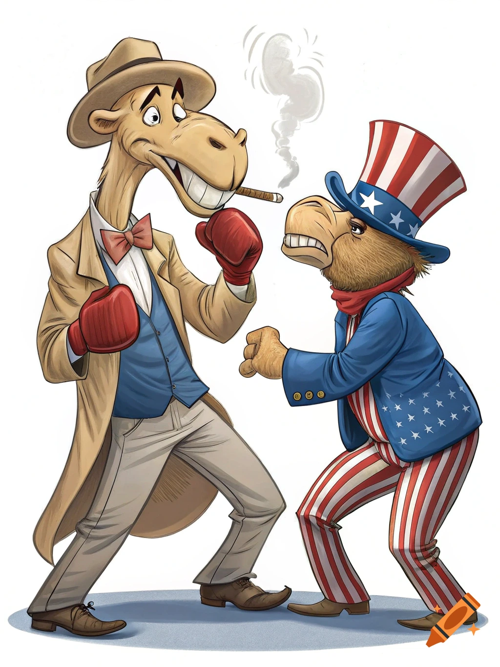 Cartoon of Joe Camel and Uncle Sam squaring off in a boxing match.
