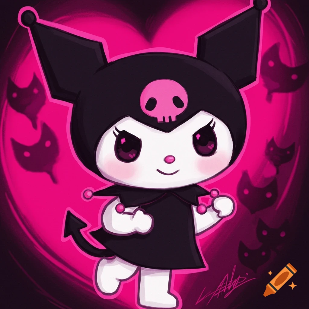 Cute Kuromi cartoon character with skull and tail in black and pink heart background.