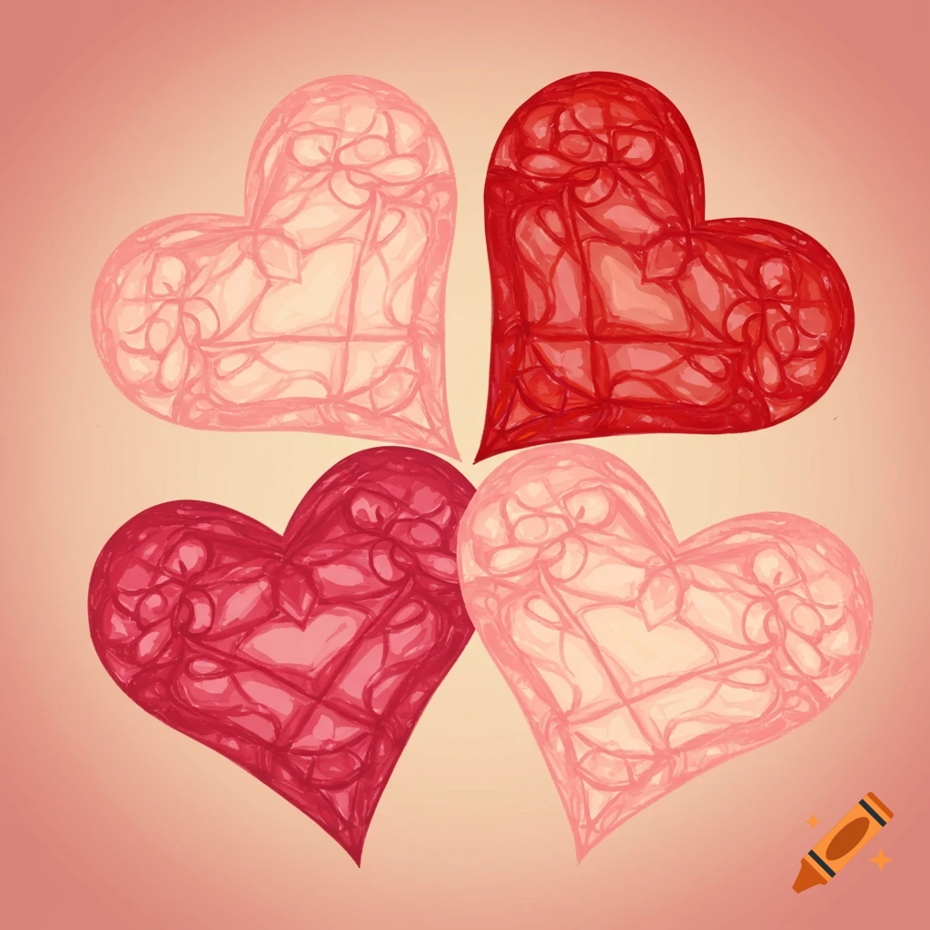 Four pink and red hearts with internal wireframe patterns arranged in a square.