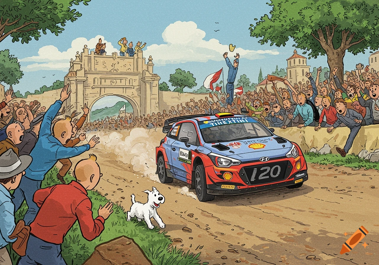 Comic art of a rally car racing past a crowd, with Tintin and Snowy watching.