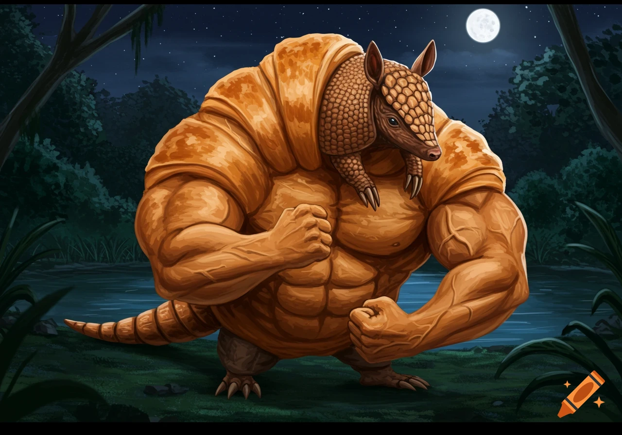 A muscular armadillo creature with a croissant-textured body flexes by water at night.