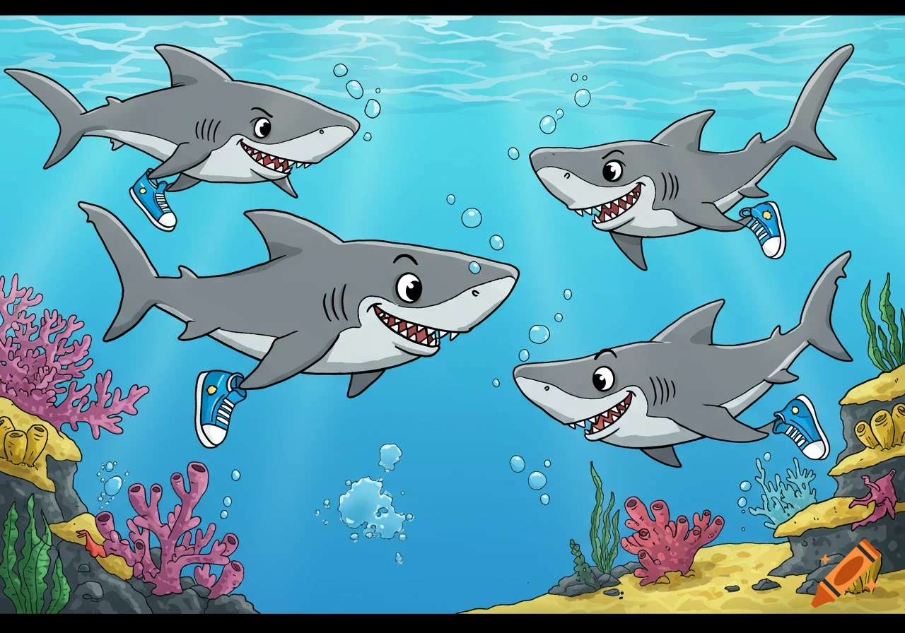 Four cartoon sharks wearing blue shoes swim underwater with coral reefs.
