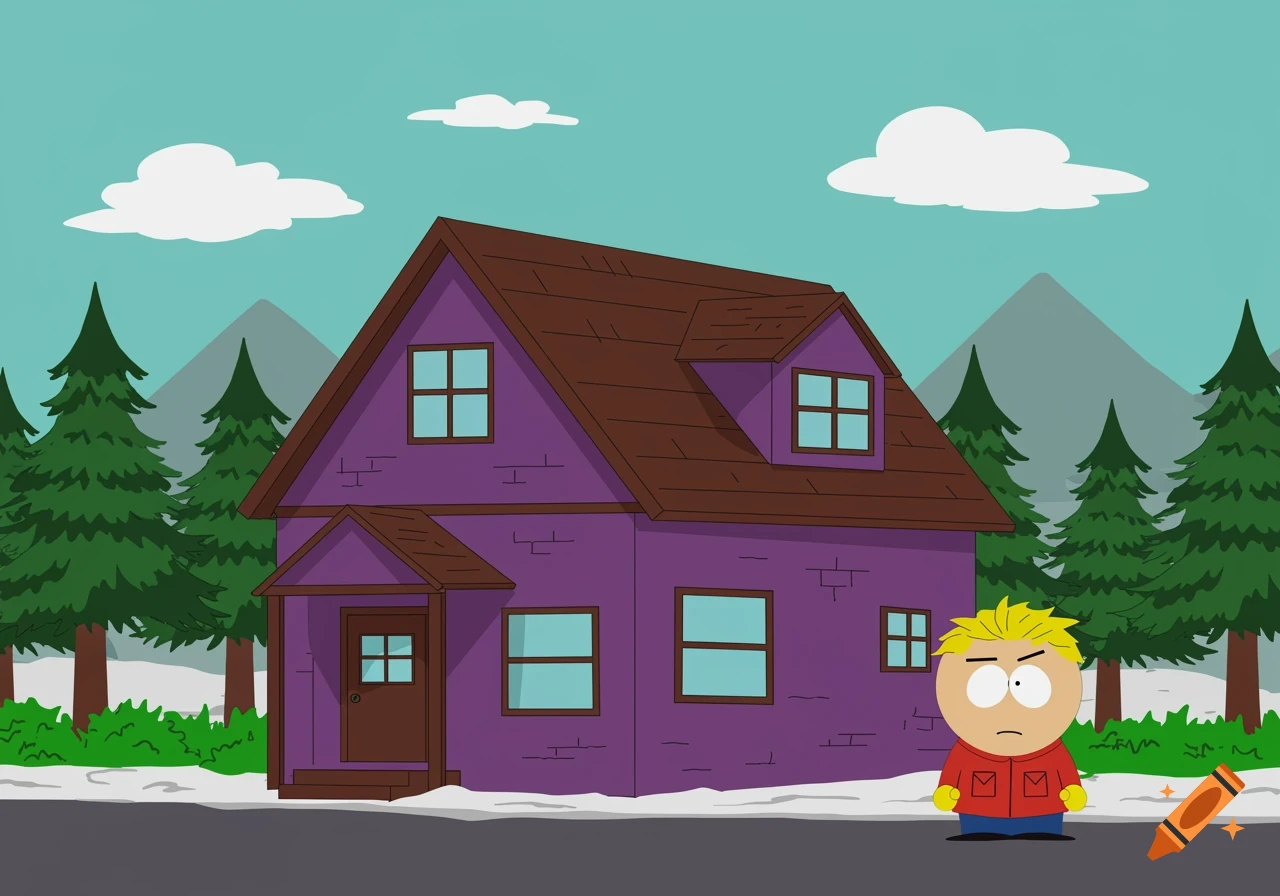 A South Park style cartoon of Butters standing outside a purple house with a brown roof in a snowy landscape.