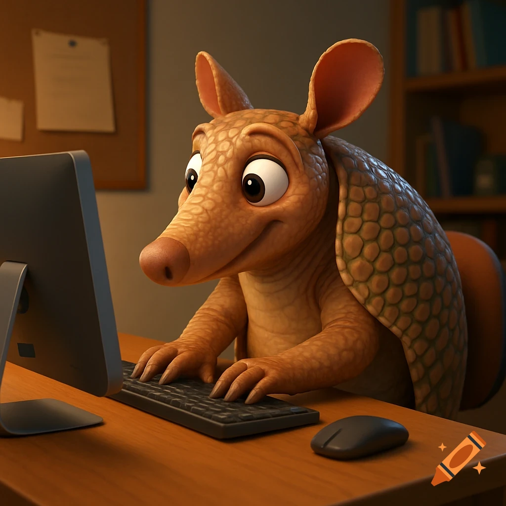 A cartoon armadillo sits at a desk typing on a computer keyboard.