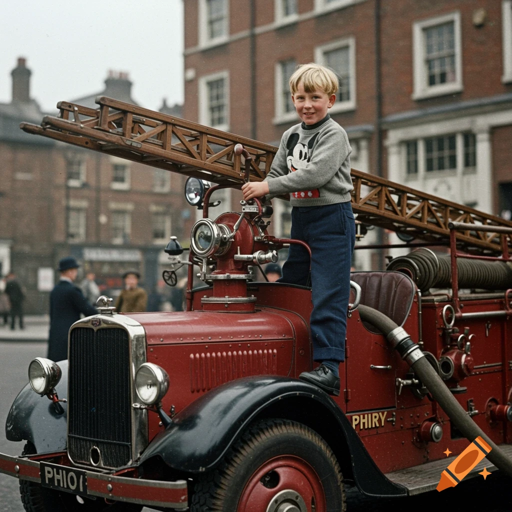 Young boy on a vintage red fire truck.