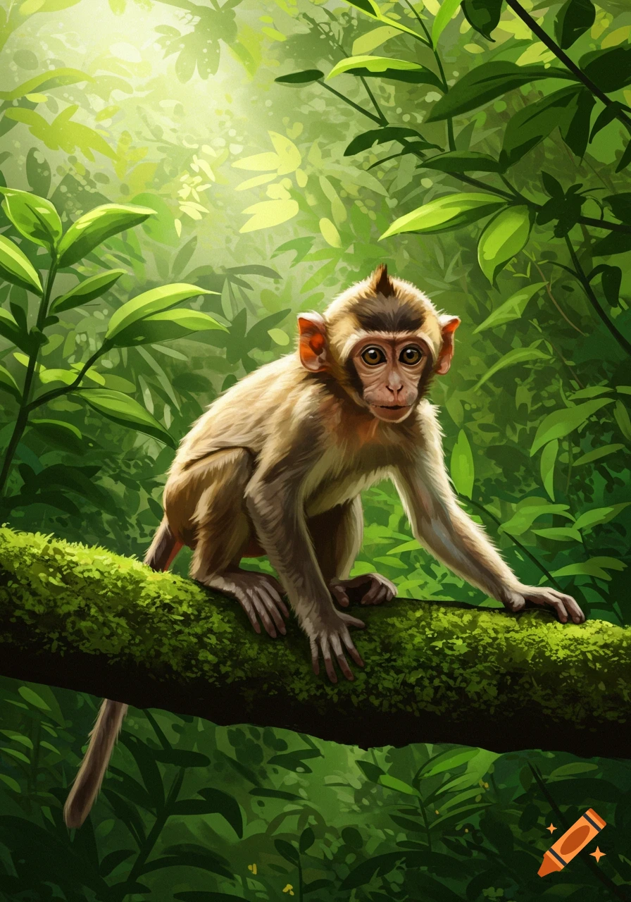 Illustration of a monkey sitting on a branch in a jungle.