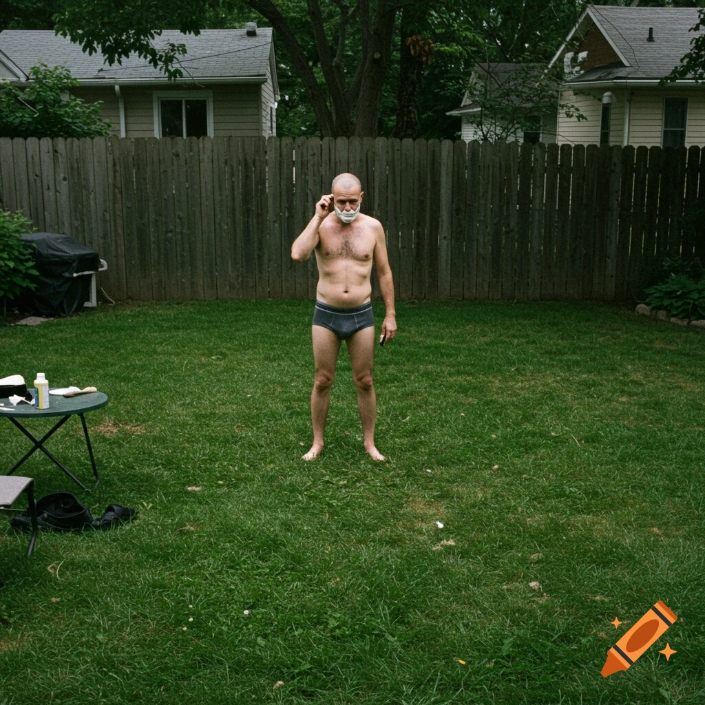 Man in briefs shaving his head in a backyard.