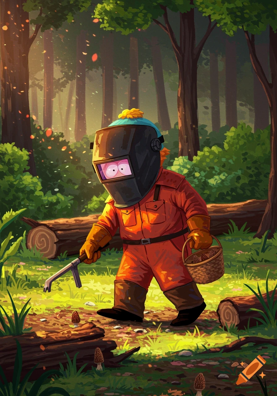 A cartoon character resembling Eric Cartman in welding gear hunts mushrooms in a sunny forest clearing.