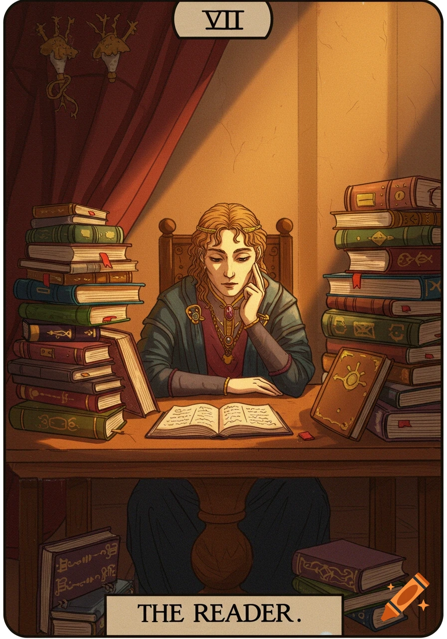 An illustration in tarot card style shows a person reading at a desk surrounded by tall stacks of books. The card is labeled VII and THE READER.
