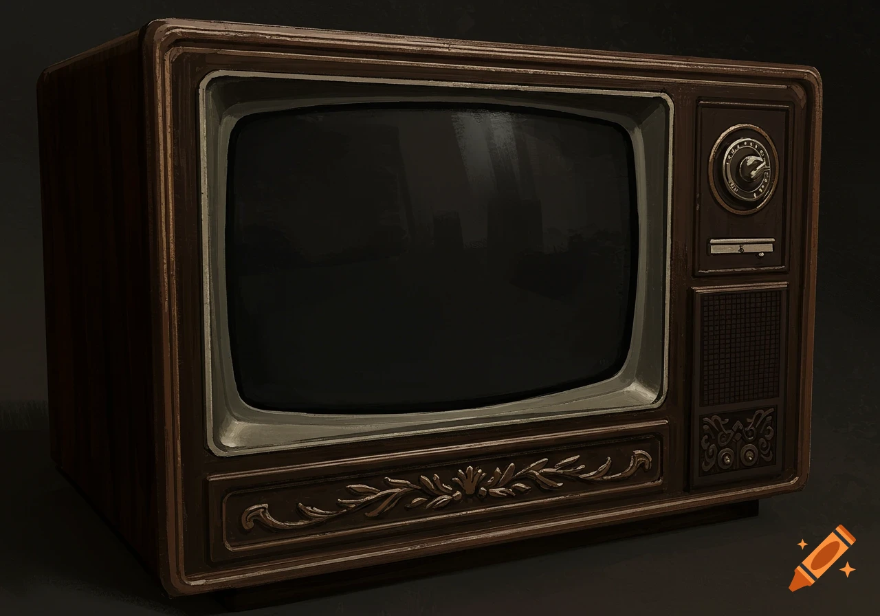 A close-up view of an old vintage television set with a wooden case.