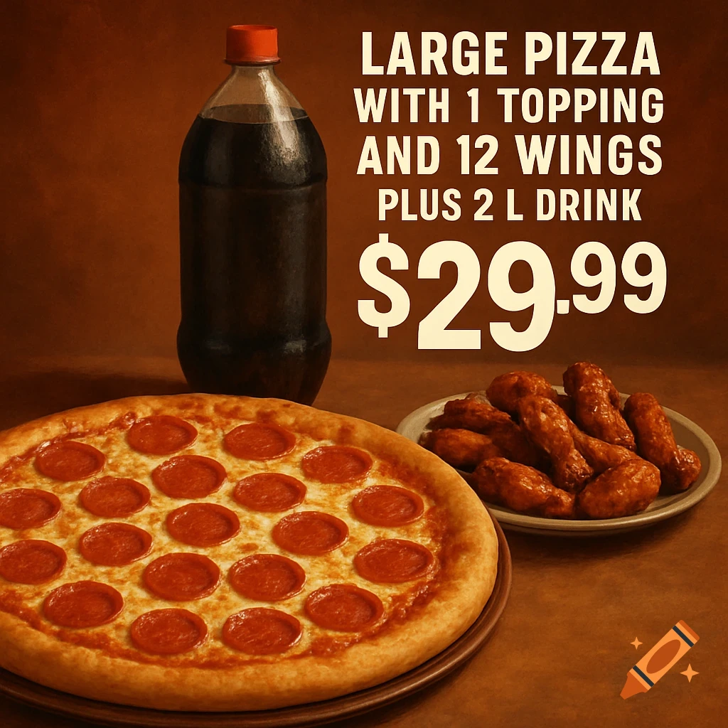 Advertisement for a large pizza with one topping, 12 wings, and a 2L drink for $29.99.