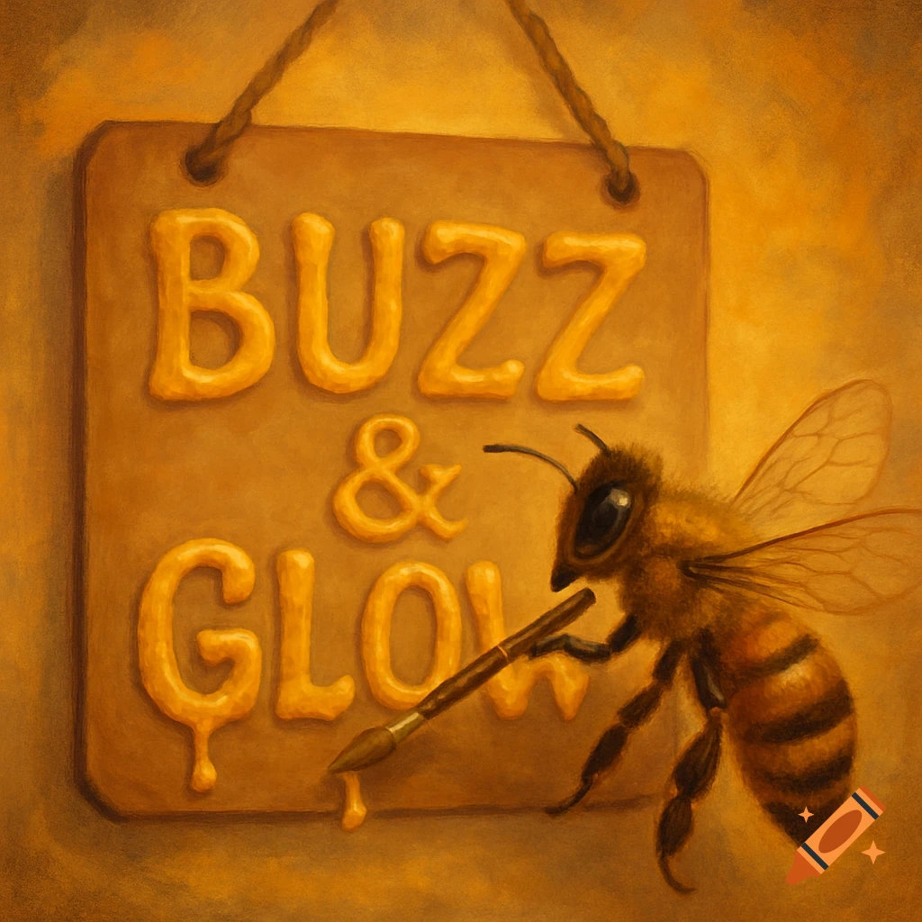 An illustration of a honey bee painting a sign that says BUZZ & GLOW.