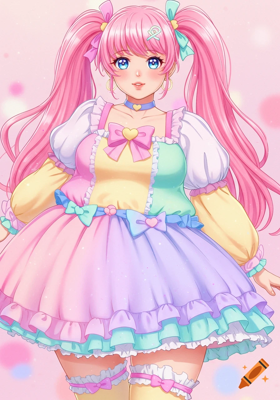 Anime girl with pink pigtails wearing a colorful pastel dress