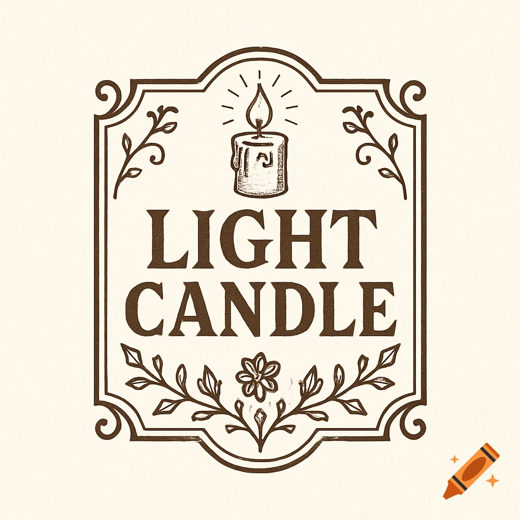 A logo featuring a lit candle illustration above the text 'LIGHT CANDLE', enclosed in a decorative vintage-style frame with branches and a flower.