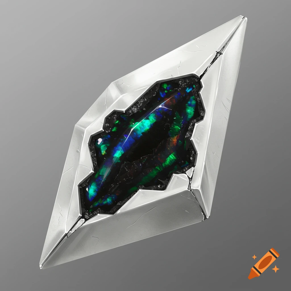 A white metal shard with a vibrant black opal crystal embedded in it.