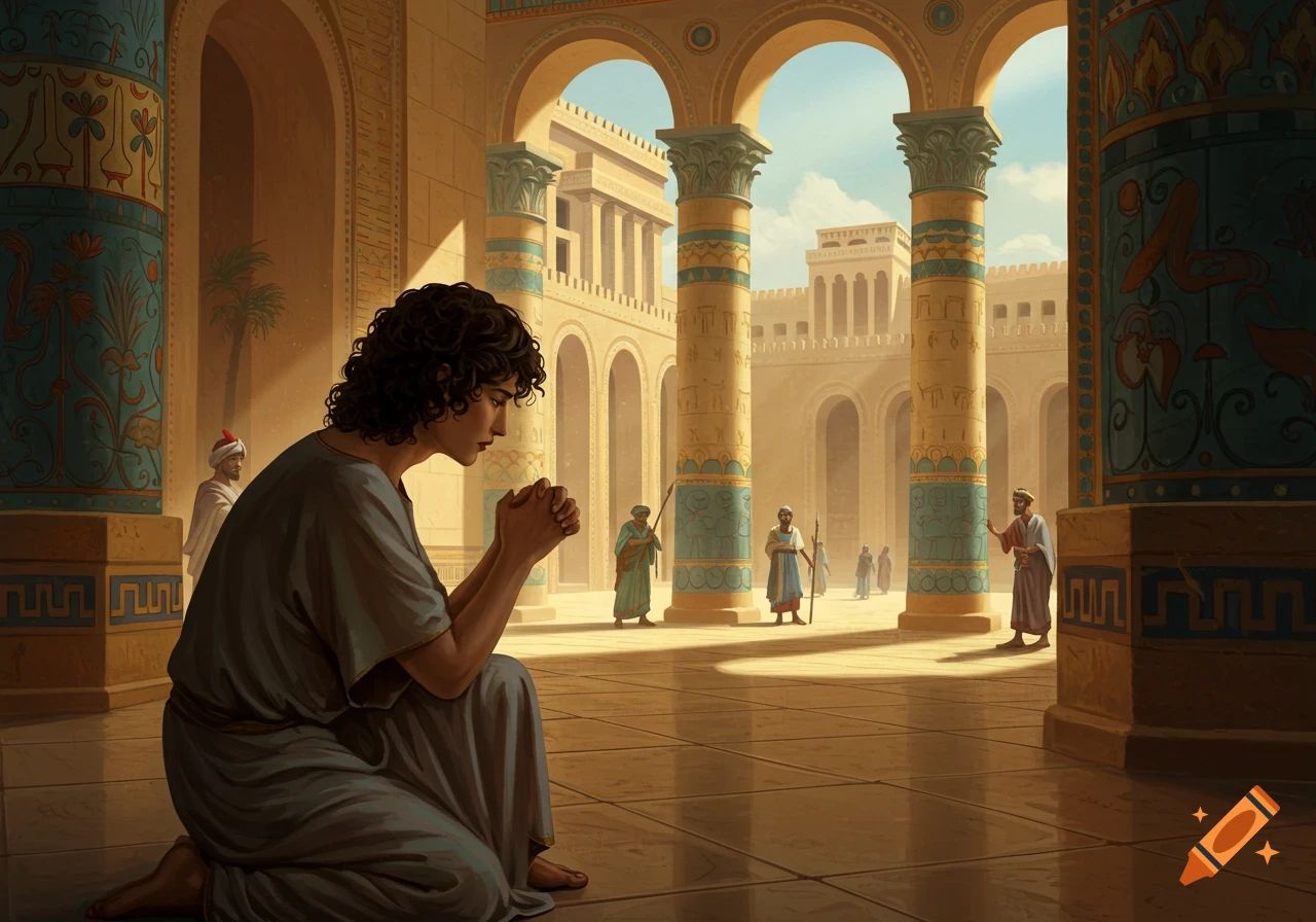 A man kneels and prays in a sunlit courtyard with large, decorated columns, figures stand in the background.