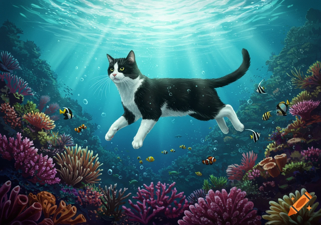A black and white cat swims through a colorful coral reef with fish.