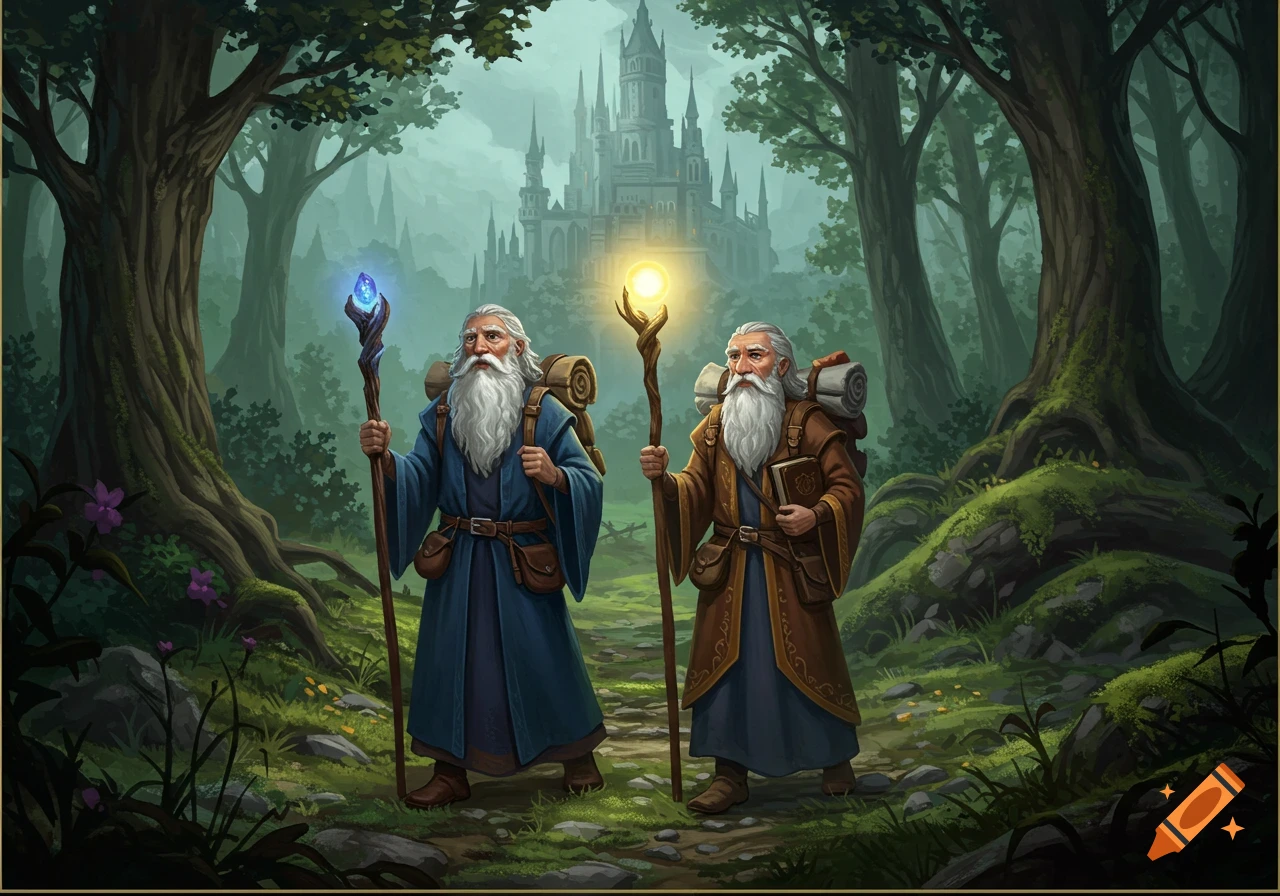 Two elderly wizards with staffs and backpacks walk on a forest path towards a distant castle, fantasy illustration.