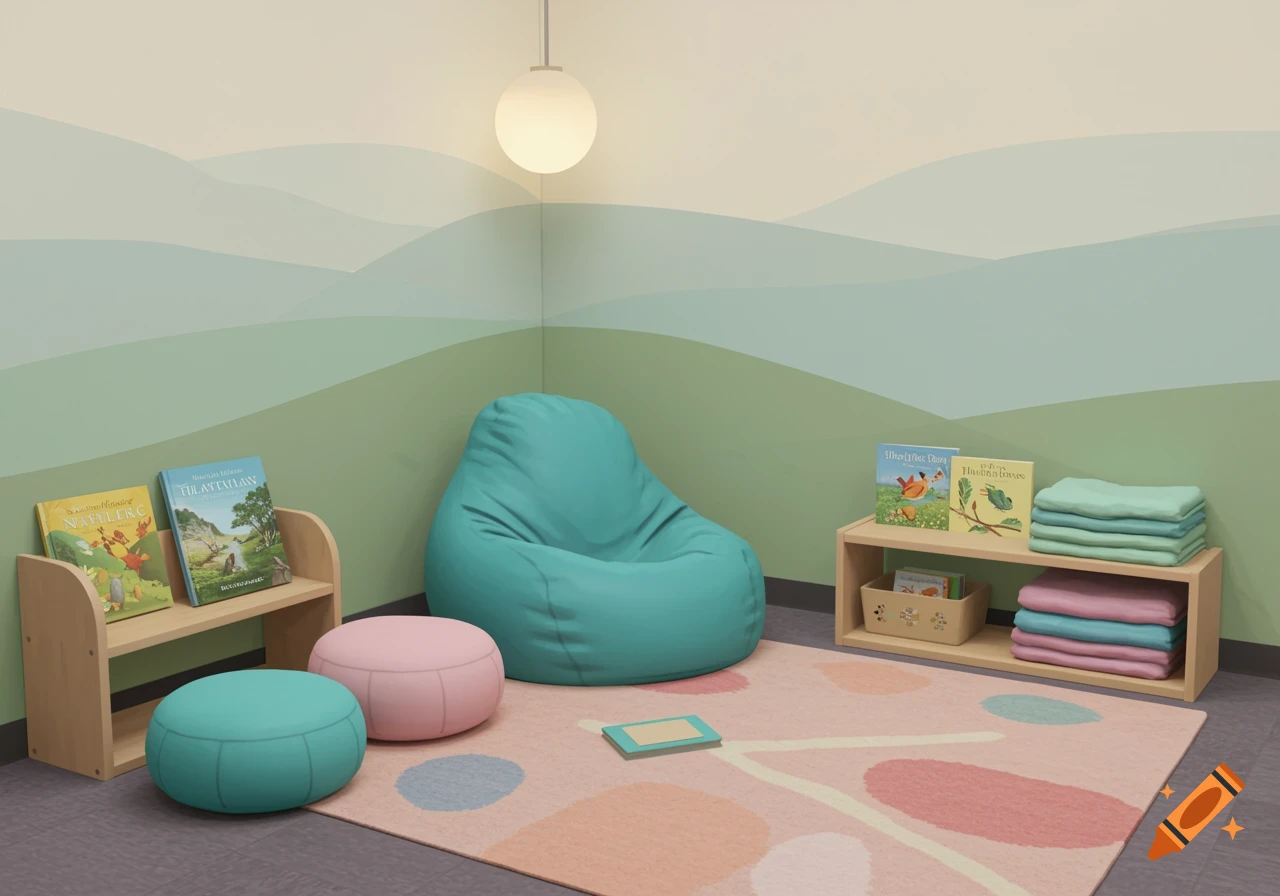 A cozy reading corner in a classroom with a beanbag chair, pillows, and shelves filled with books.