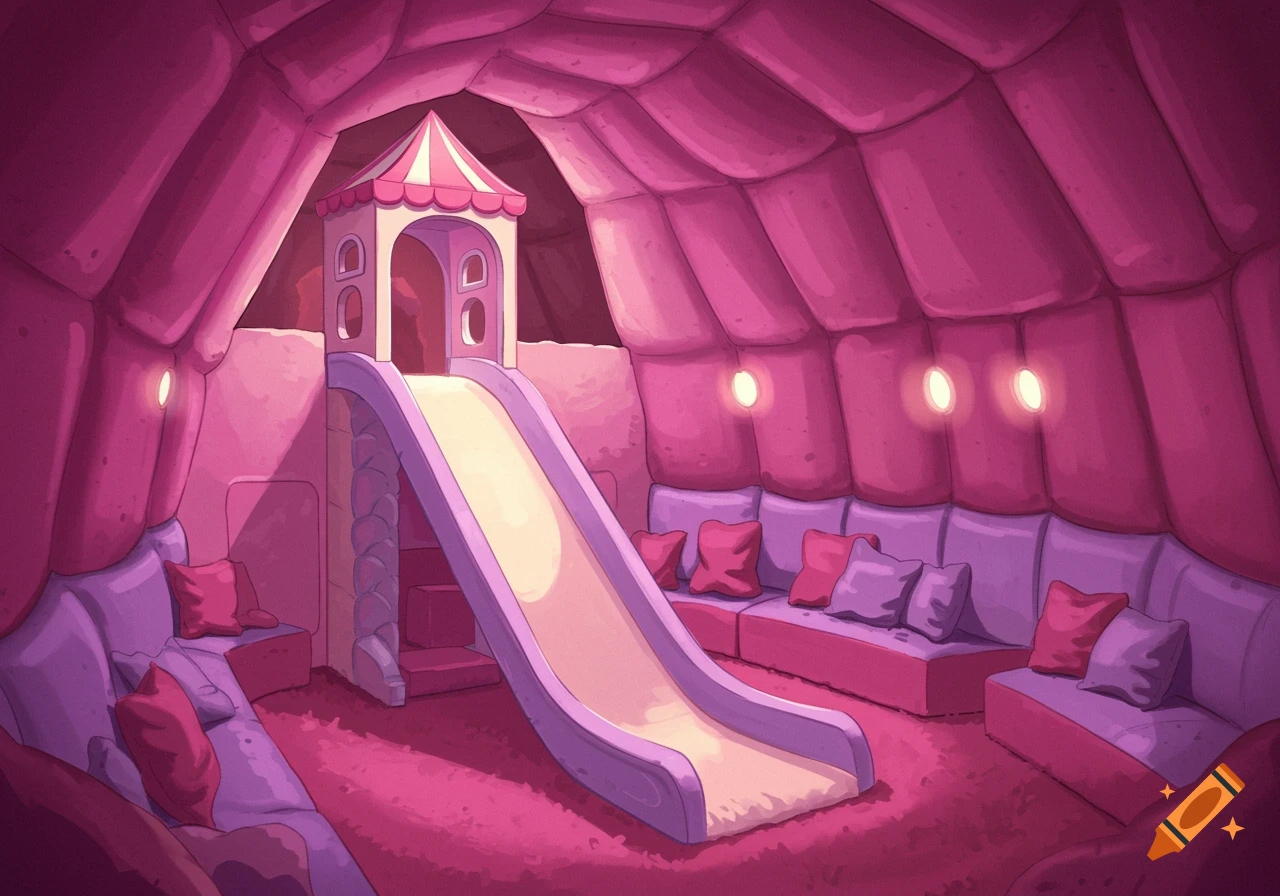 A pink playroom with a slide and couches in a cartoon style.