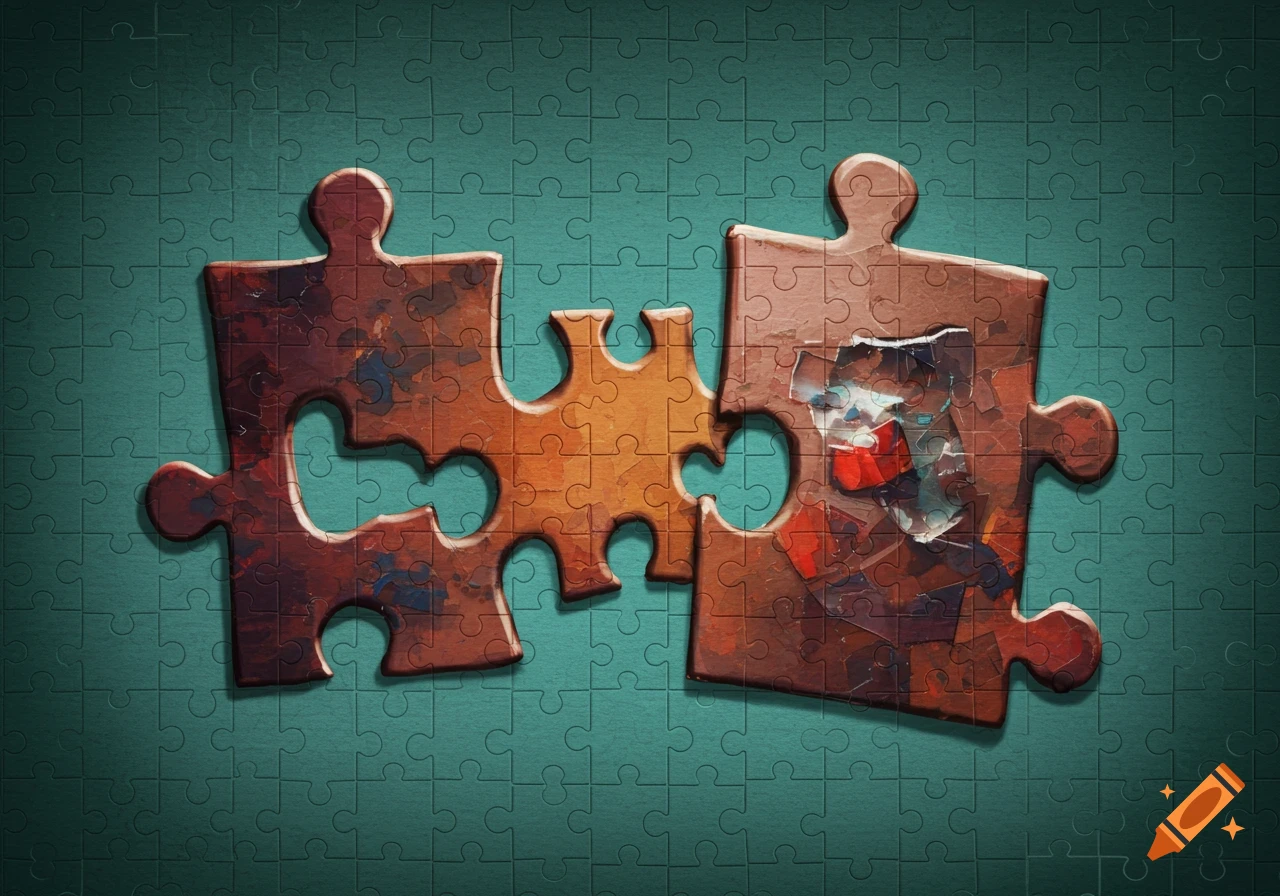 Two large textured puzzle pieces connect on a background of smaller pieces.