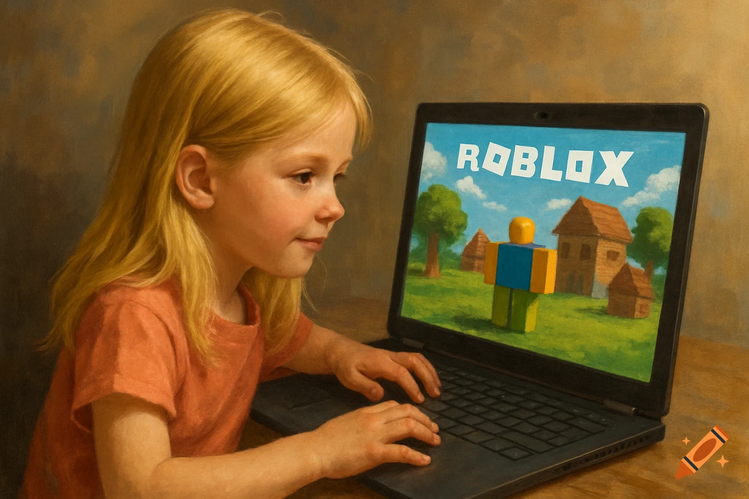 Painting of a blonde girl playing Roblox on a laptop.