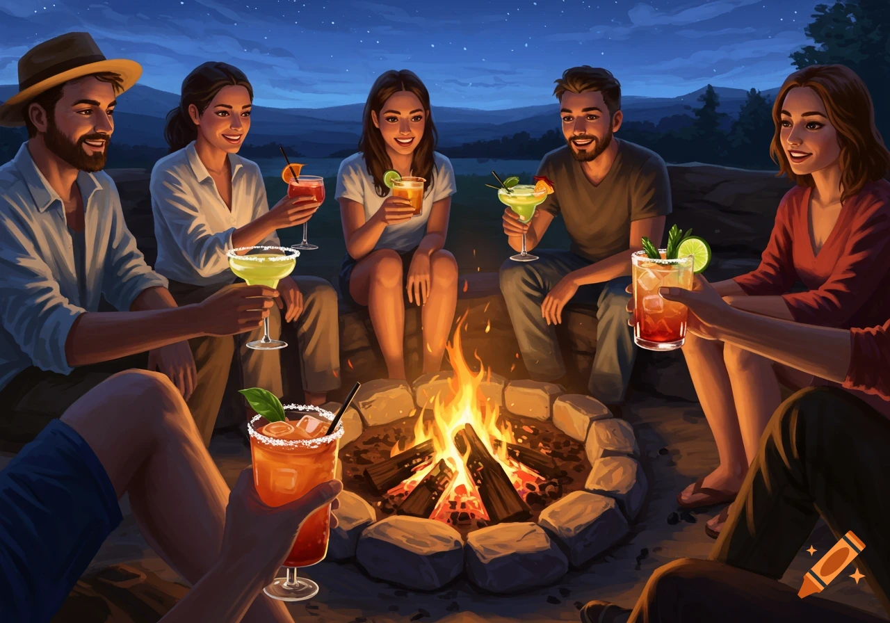 Illustration of people sitting around a campfire drinking cocktails at night.