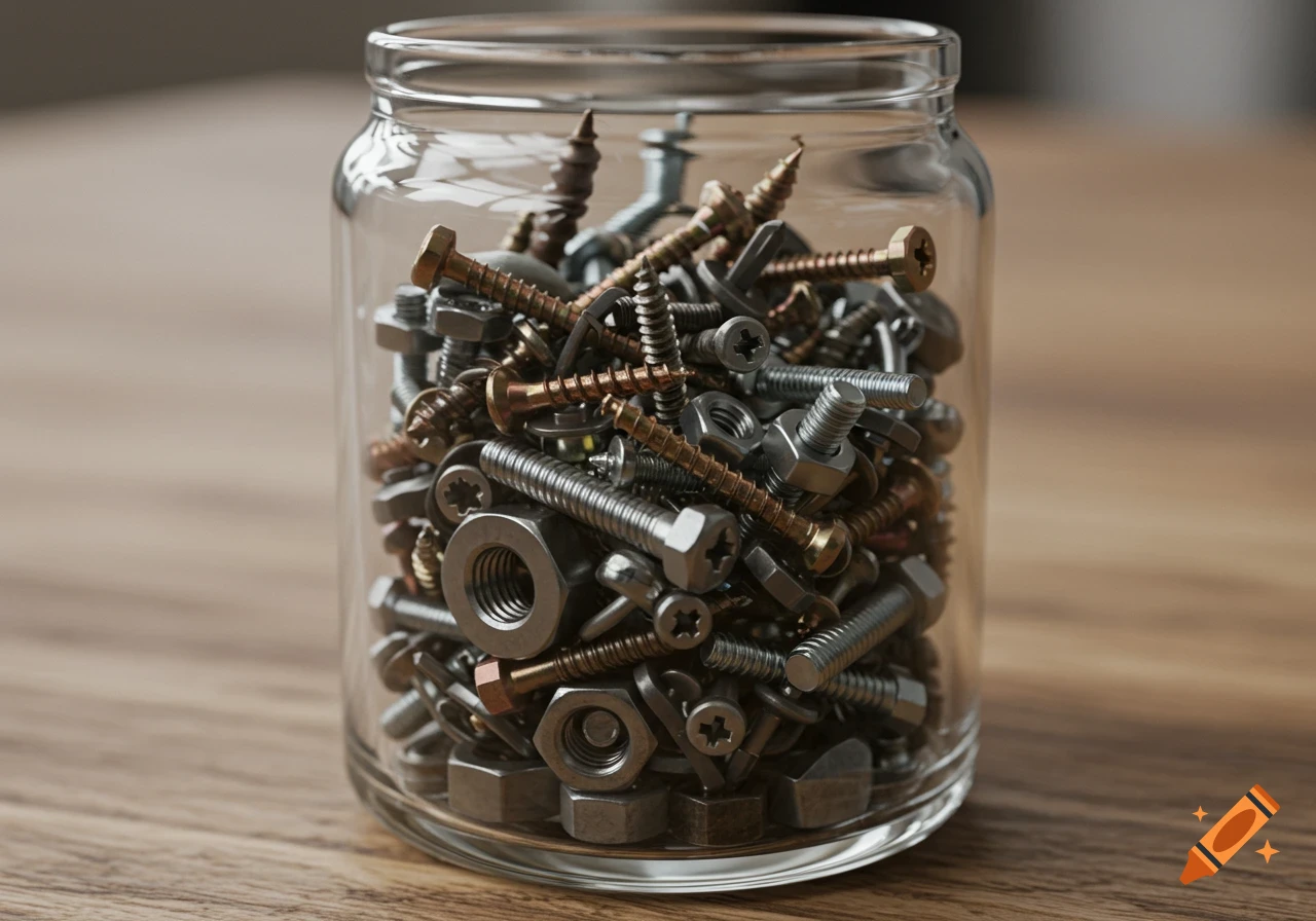 A glass jar filled with metal screws, nuts, and bolts sits on a wooden surface. Photorealistic.
