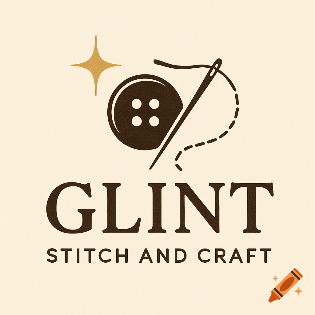 Logo with button, needle, thread, and text 'Glint Stitch and Craft'